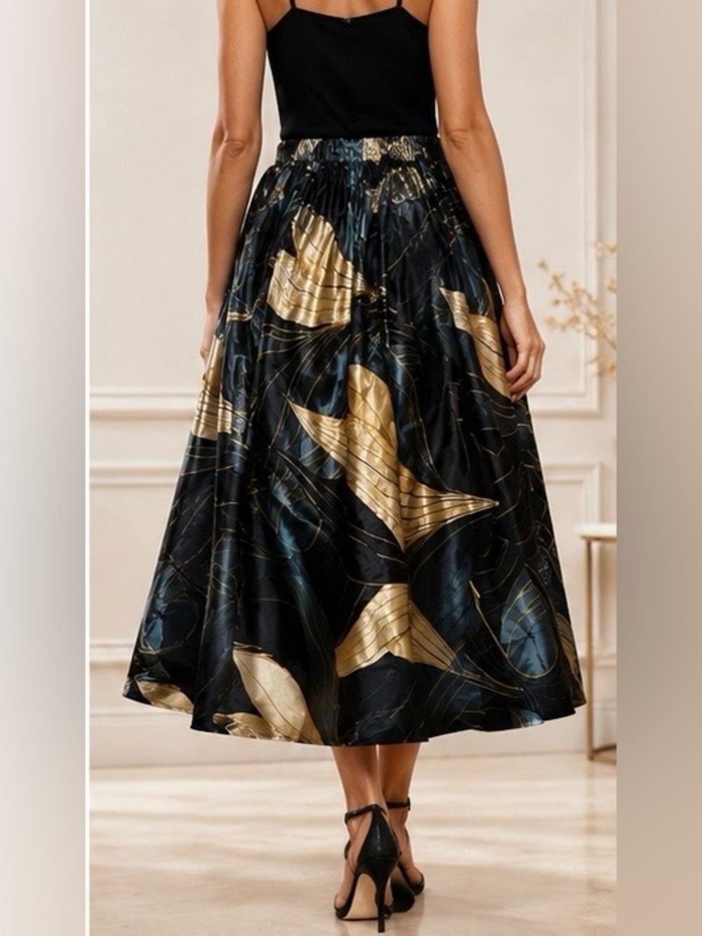 Adrianna Papell Black and Gold Floral-Print Midi Dress